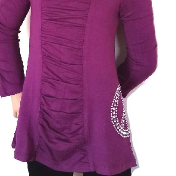 NEW sz  4 8 Lipstik Girls Magenta Tunic Top Long Sleeves Ruched Peace Rhinestone - Picture 3 of 3
